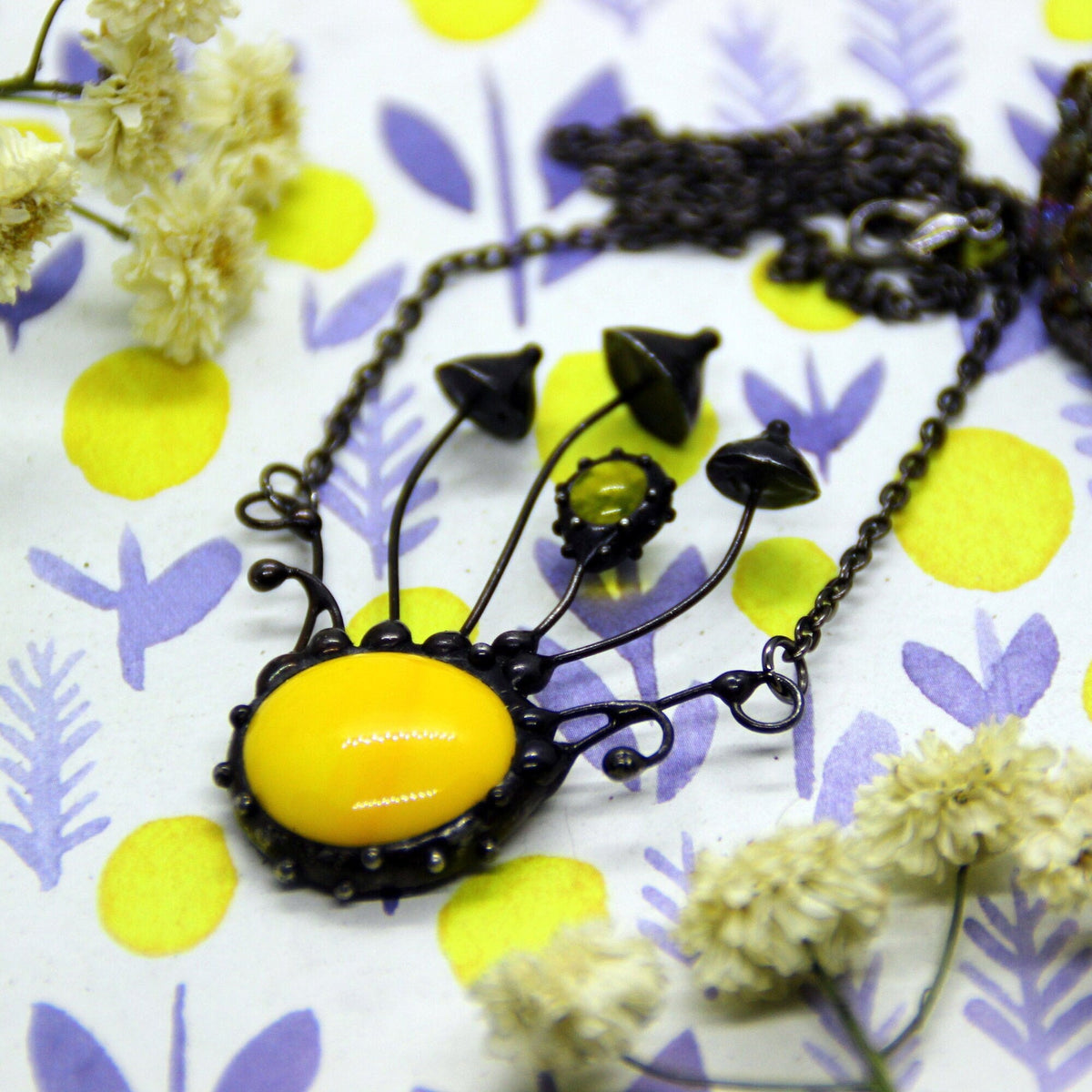 Yellow Glass Mushroom Necklace – Blackened Copper Forest Centerpiece – Psychedelic