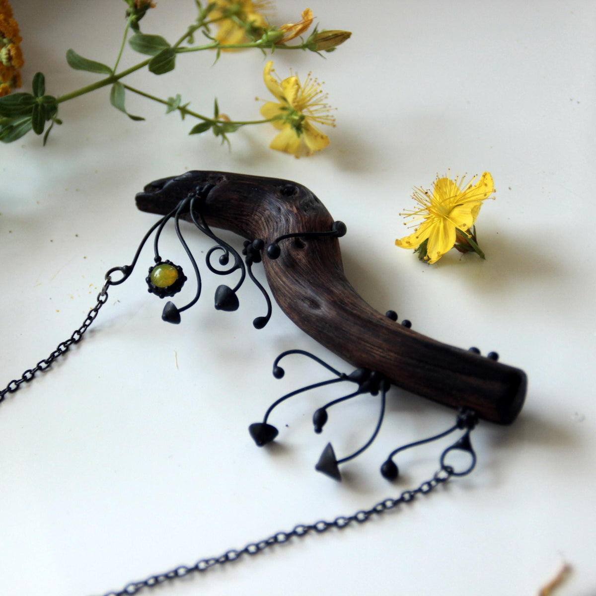 Yellow Glass Mushroom Necklace on Oak Branch – Blackened Copper