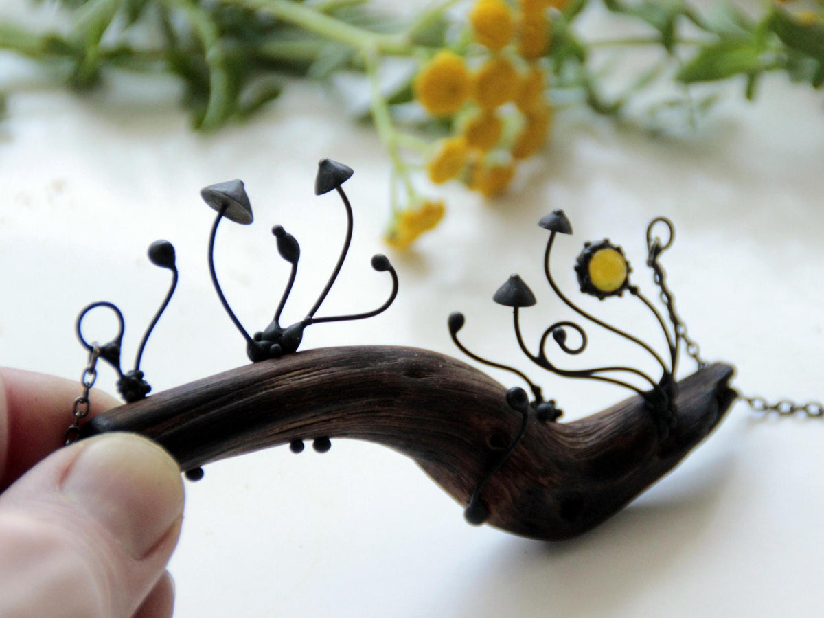 Yellow Glass Mushroom Necklace on Oak Branch – Blackened Copper