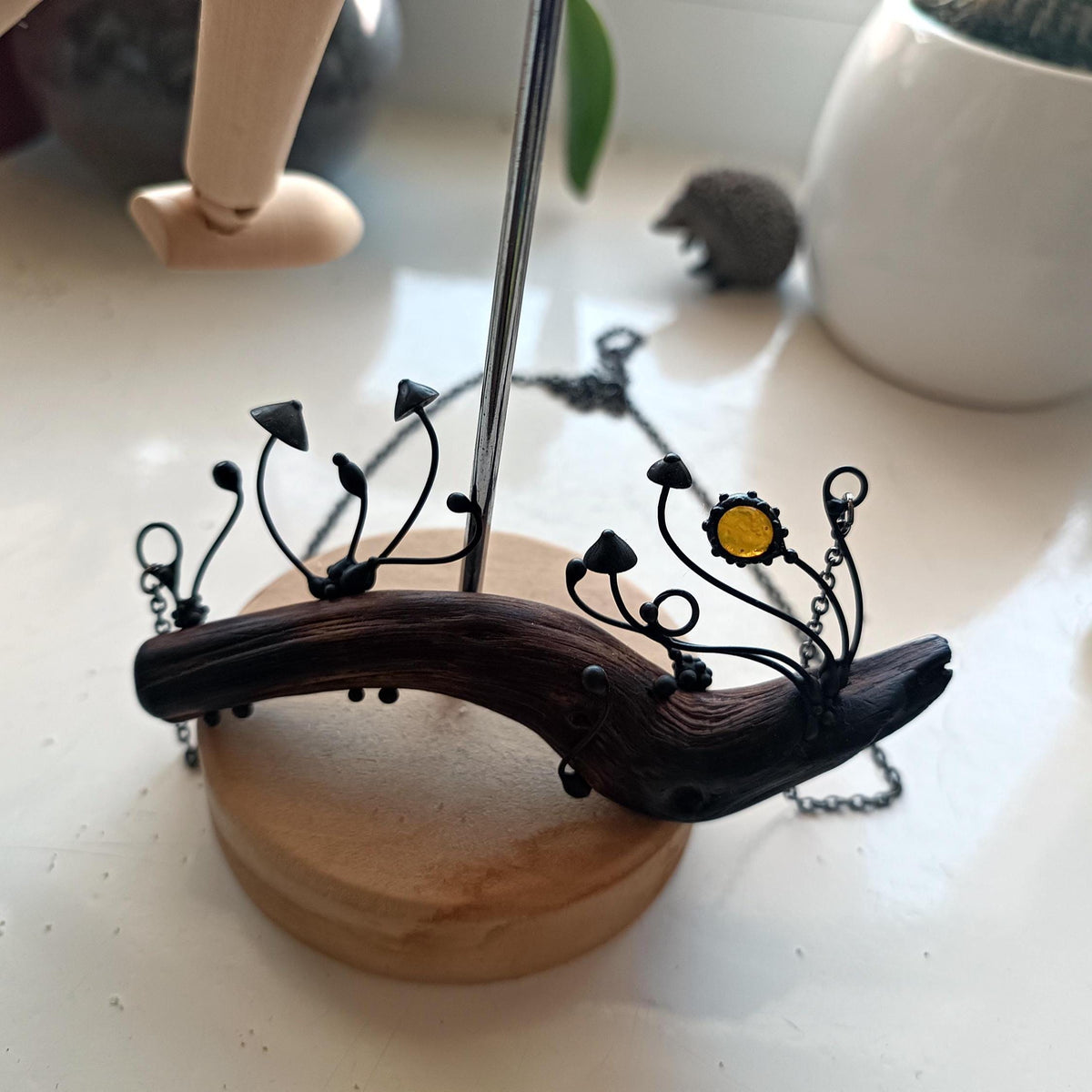 Yellow Glass Mushroom Necklace on Oak Branch – Blackened Copper