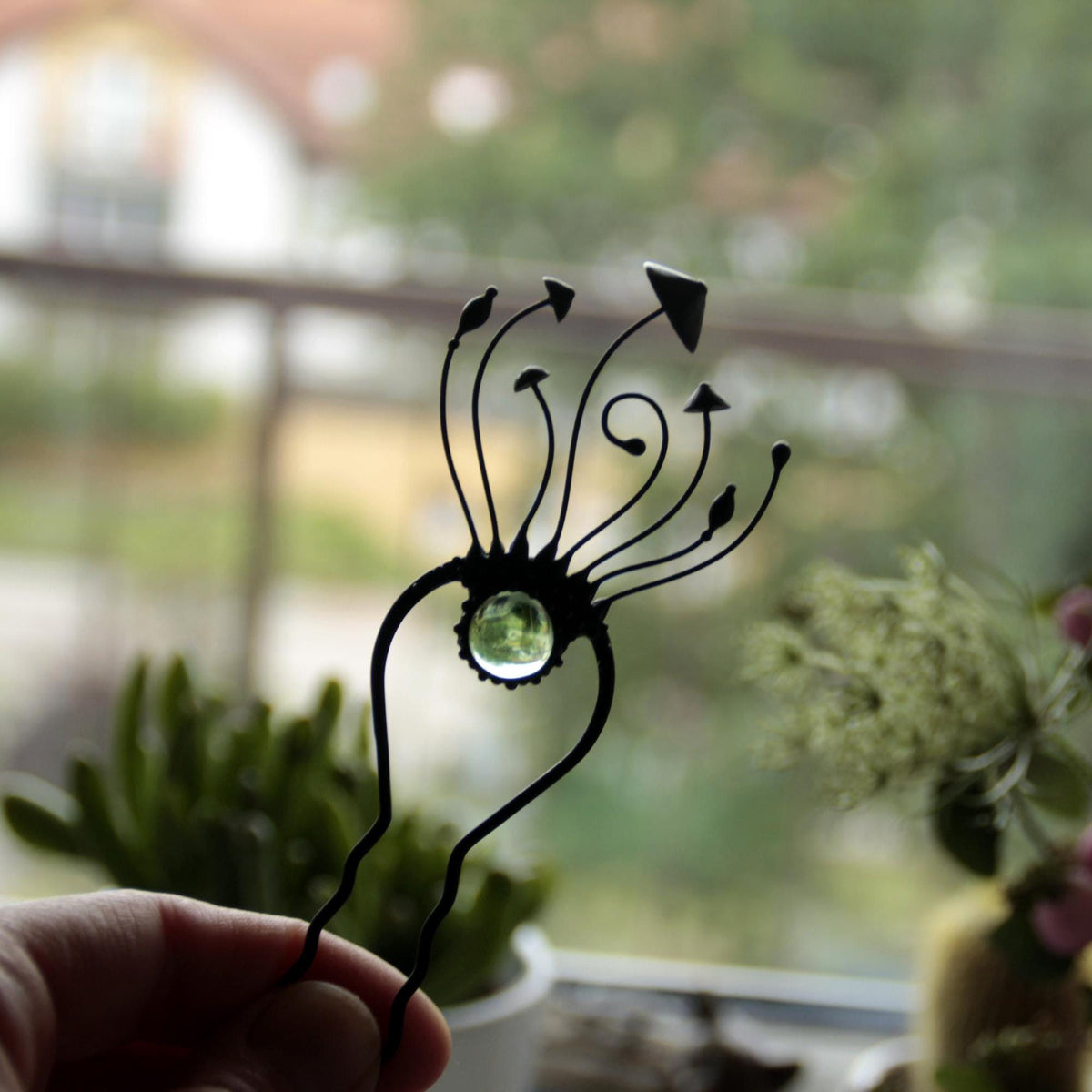 Green Glass Mushroom Hair Pin – Blackened Copper & Pewter Forest