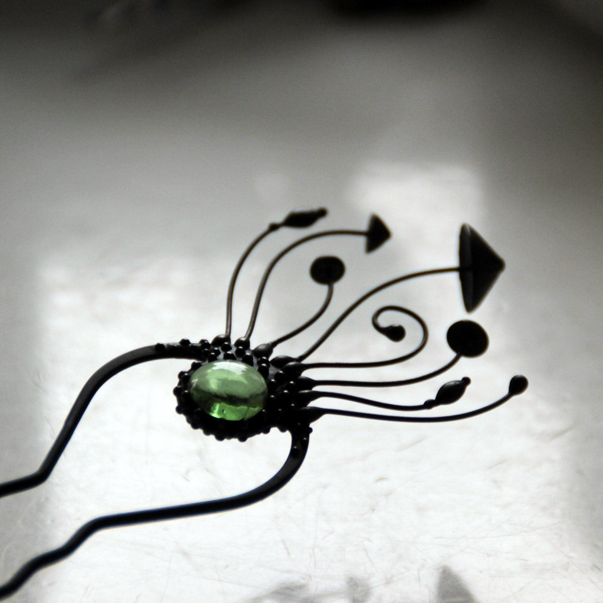 Green Glass Mushroom Hair Pin – Blackened Copper & Pewter Forest