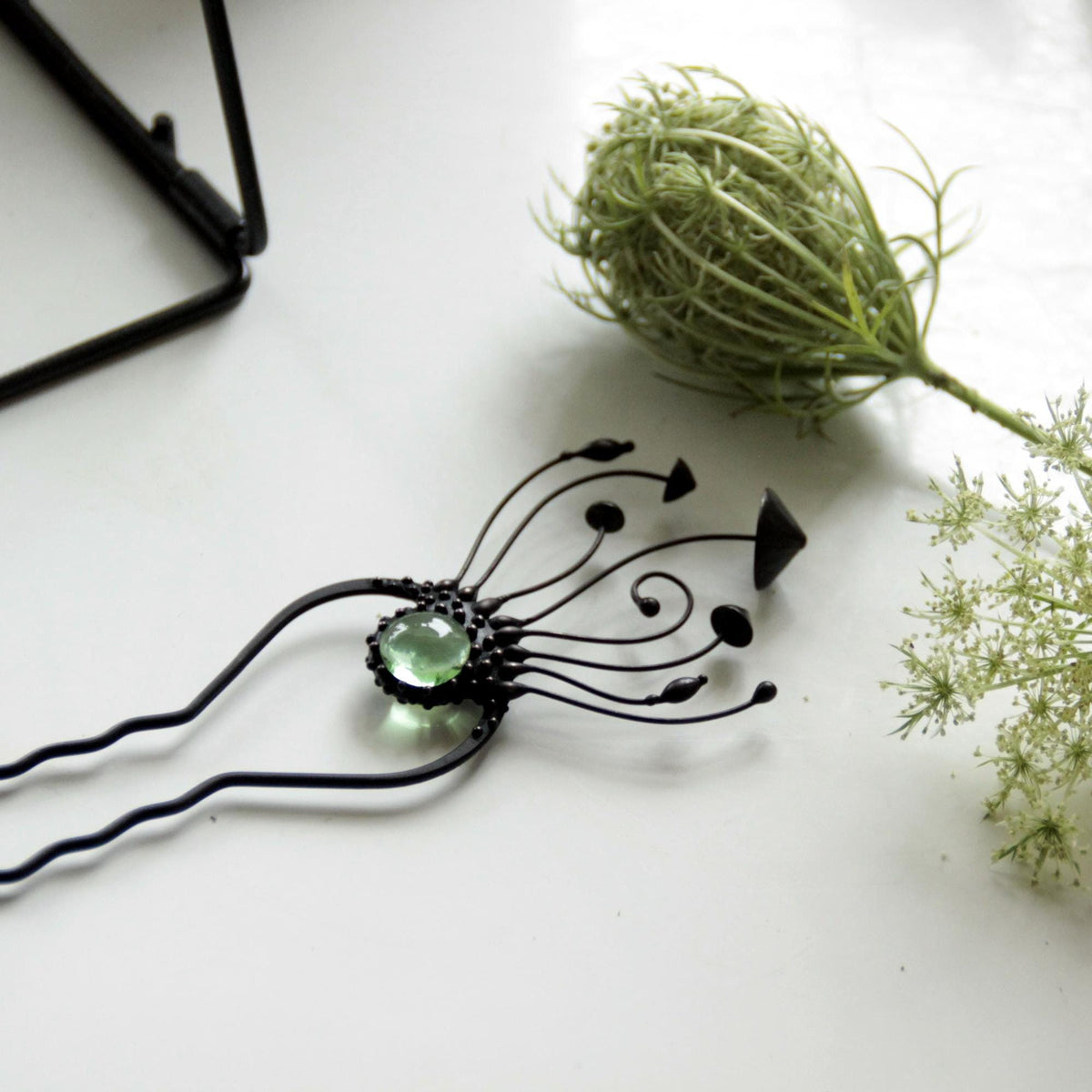 Green Glass Mushroom Hair Pin – Blackened Copper & Pewter Forest