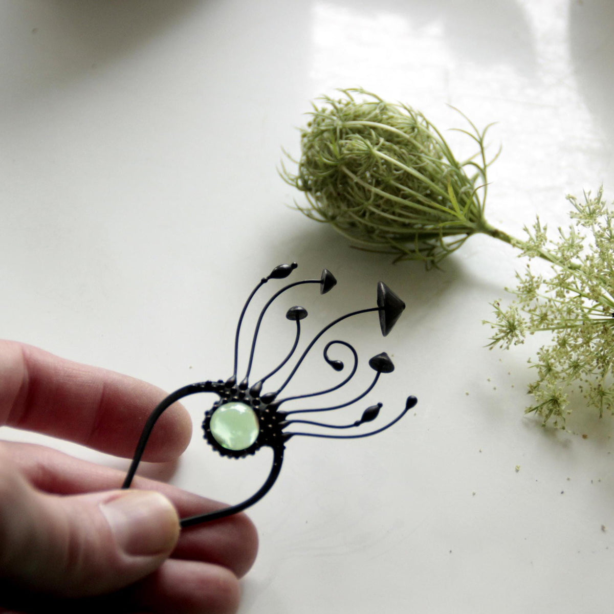 Green Glass Mushroom Hair Pin – Blackened Copper & Pewter Forest