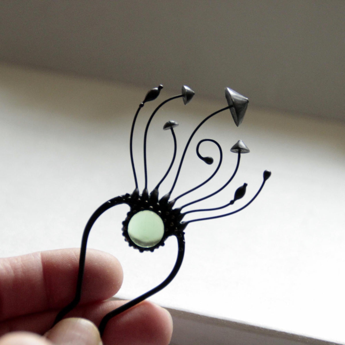 Green Glass Mushroom Hair Pin – Blackened Copper & Pewter Forest