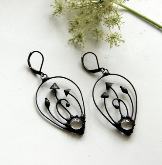 Clear Glass Mushroom Earrings – Blackened Copper & Pewter Forest