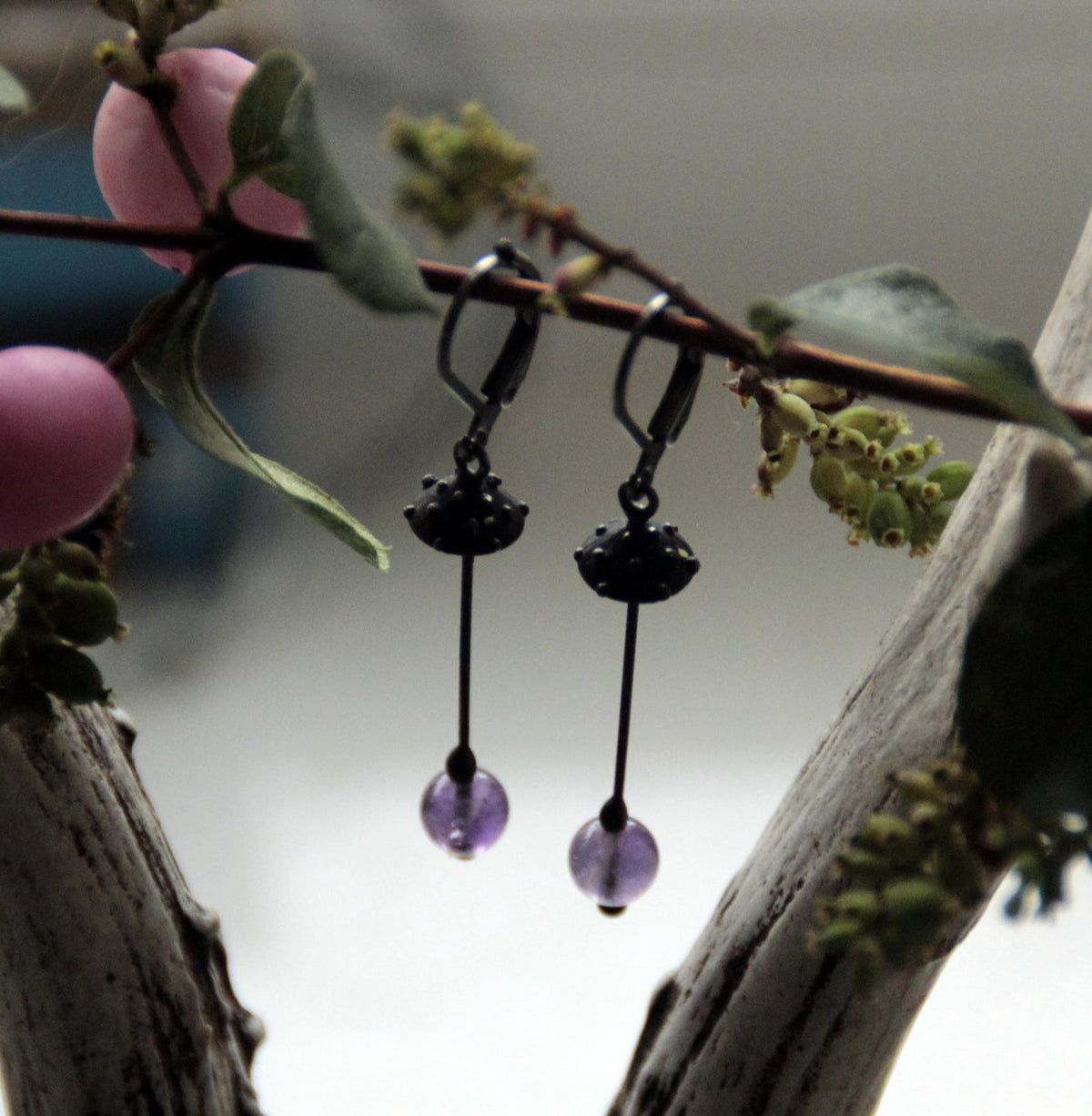 Amethyst Amanita Mushroom Earrings – Blackened Copper