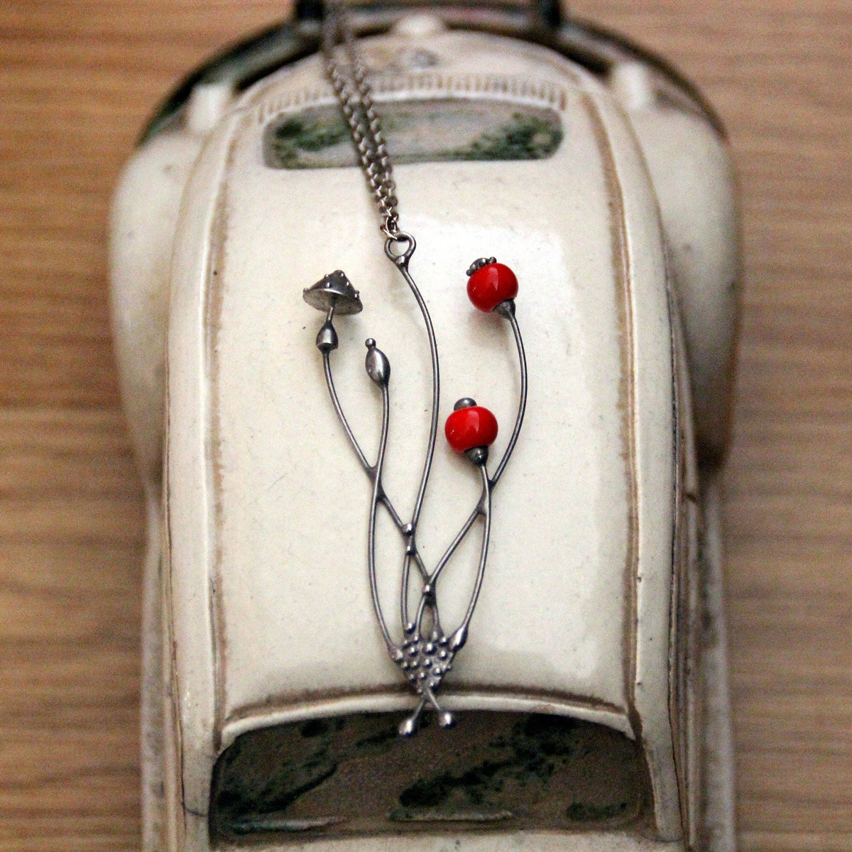 Red Glass Amanita Mushroom Necklace – Silver Tone