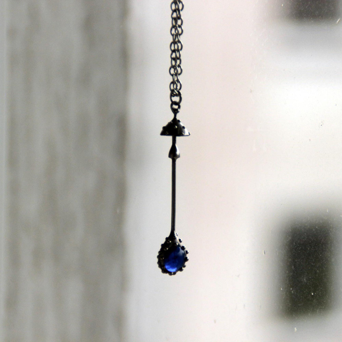 Blue Stained Glass Amanita Mushroom Necklace – Silver Tone