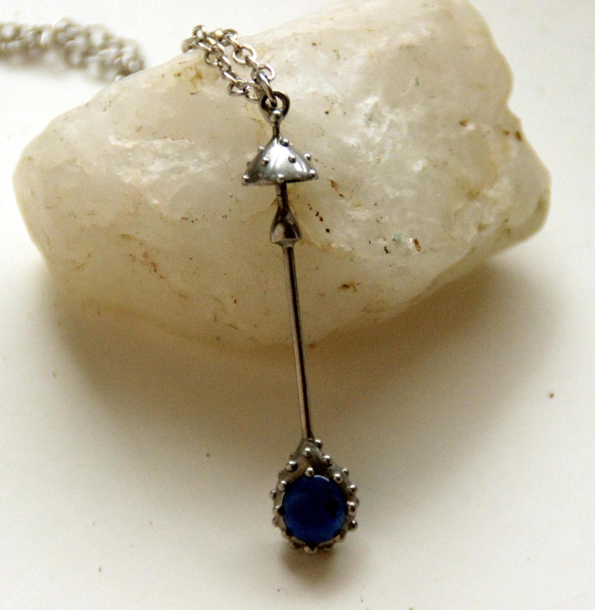 Blue Stained Glass Amanita Mushroom Necklace – Silver Tone