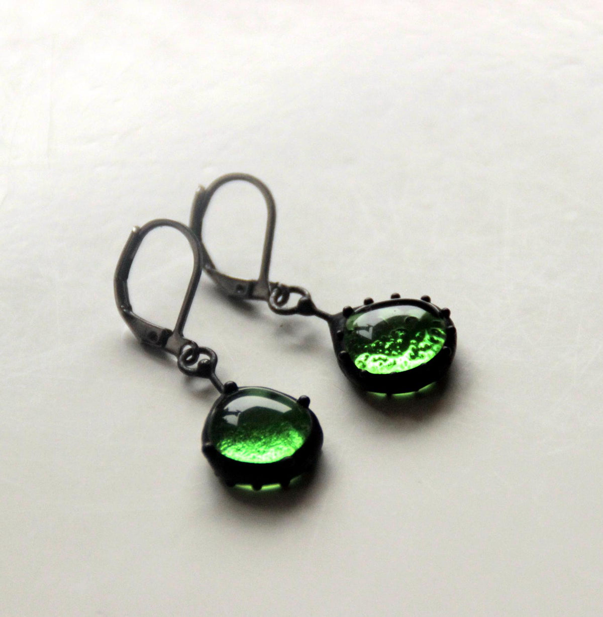 Dark Green Stained Glass Teardrop Earrings – Blackened Copper