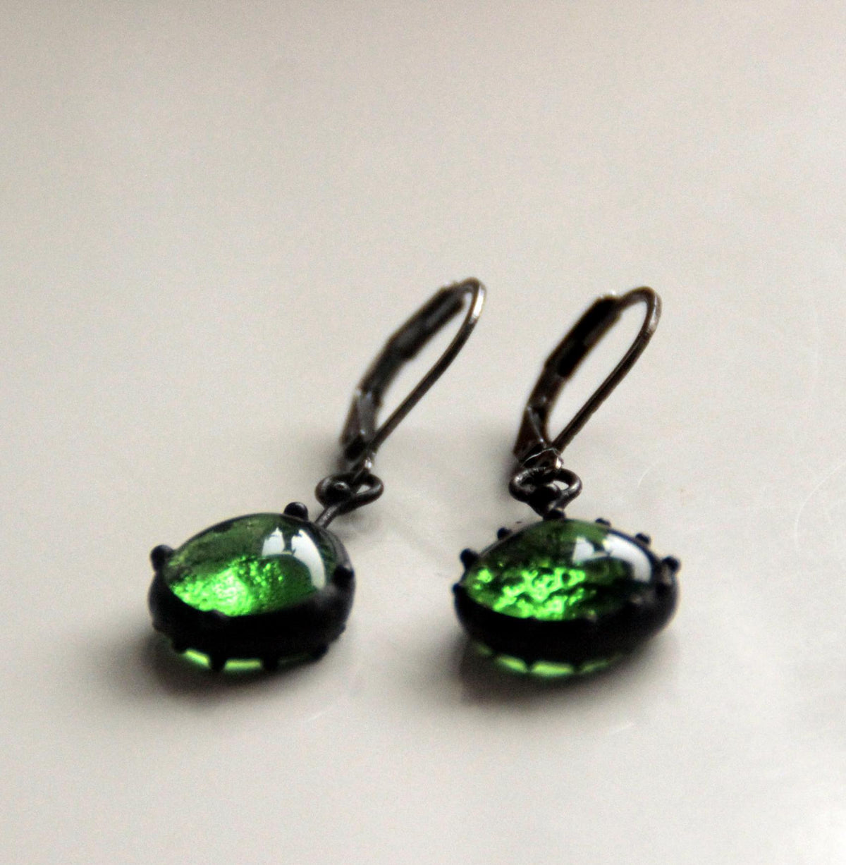 Dark Green Stained Glass Teardrop Earrings – Blackened Copper
