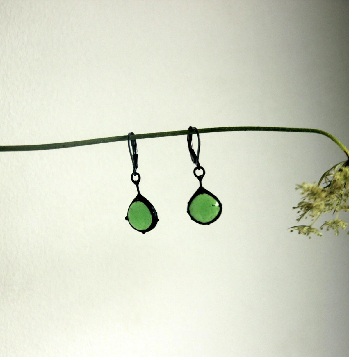 Dark Green Stained Glass Teardrop Earrings – Blackened Copper