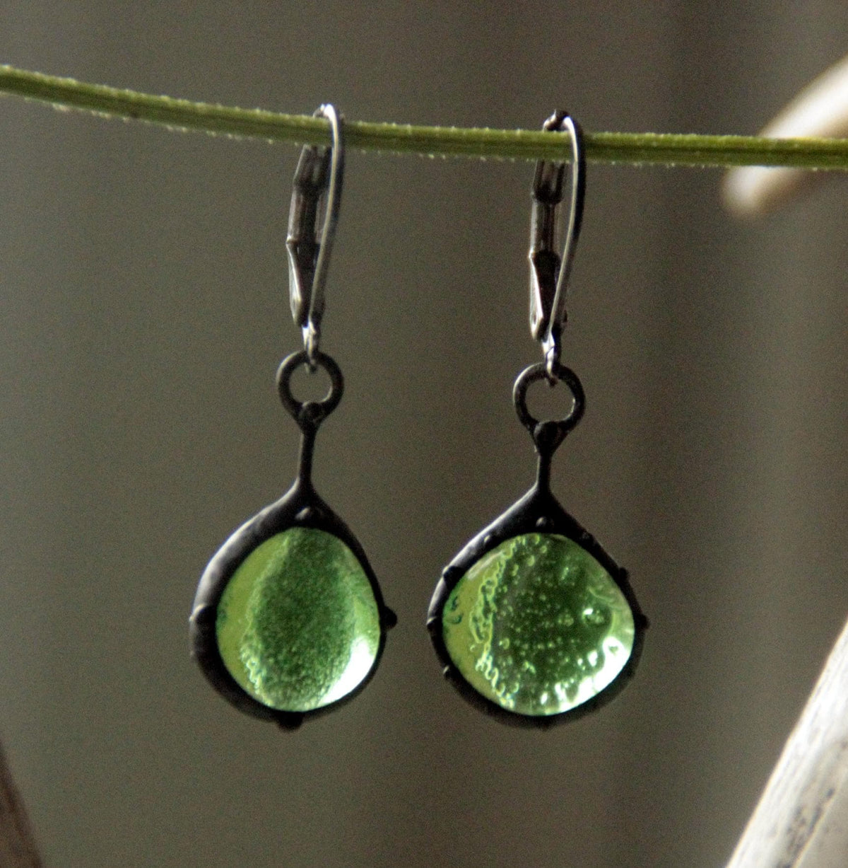 Dark Green Stained Glass Teardrop Earrings – Blackened Copper