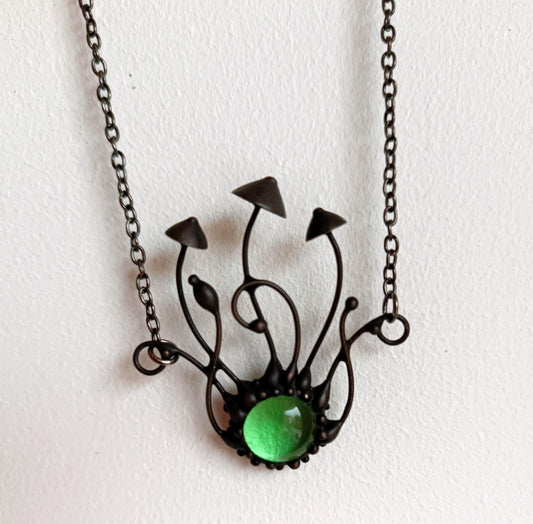 Green Stained Glass Mushroom Cluster Necklace – Blackened Copper