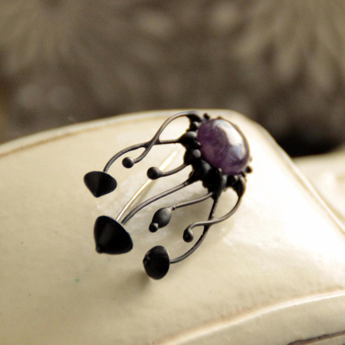 Amethyst Mushroom Cluster Brooch – Blackened Copper