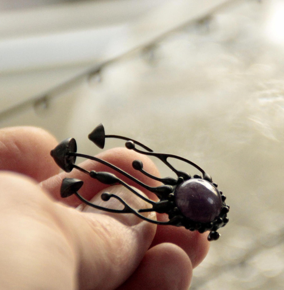 Amethyst Mushroom Cluster Brooch – Blackened Copper