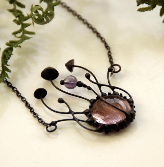 Pink Glass and Amethyst Mushroom Necklace – Blackened Copper