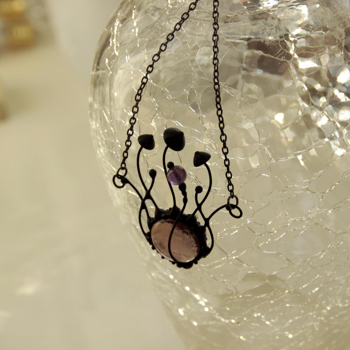 Pink Glass and Amethyst Mushroom Necklace – Blackened Copper