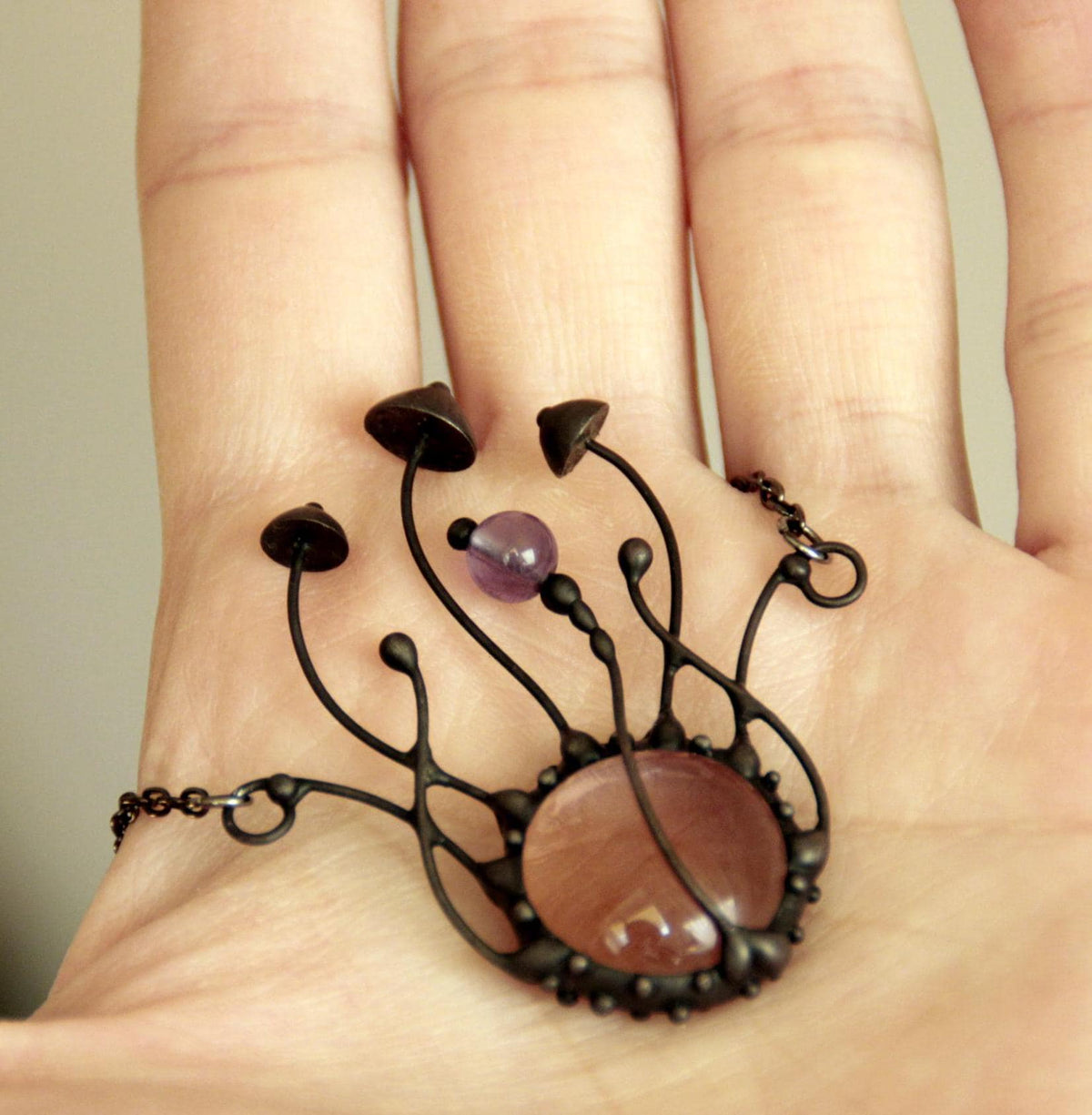 Pink Glass and Amethyst Mushroom Necklace – Blackened Copper