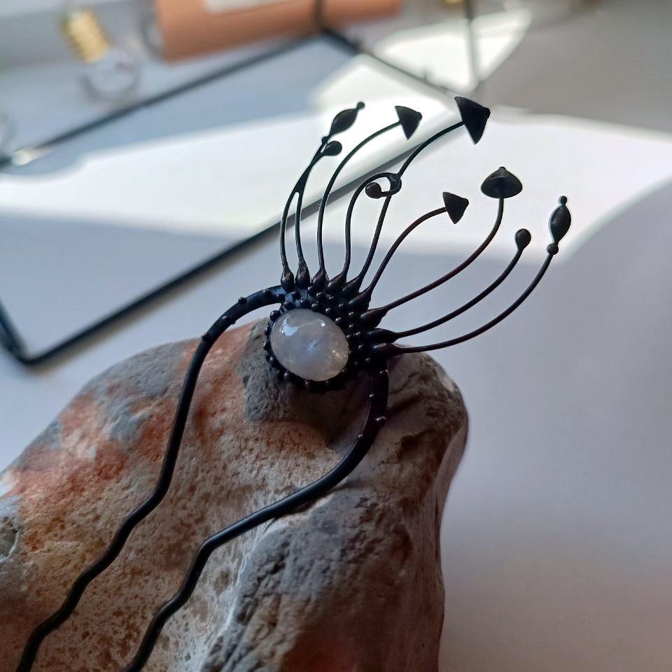 Moonstone Mushroom Hair Pin – Blackened Copper