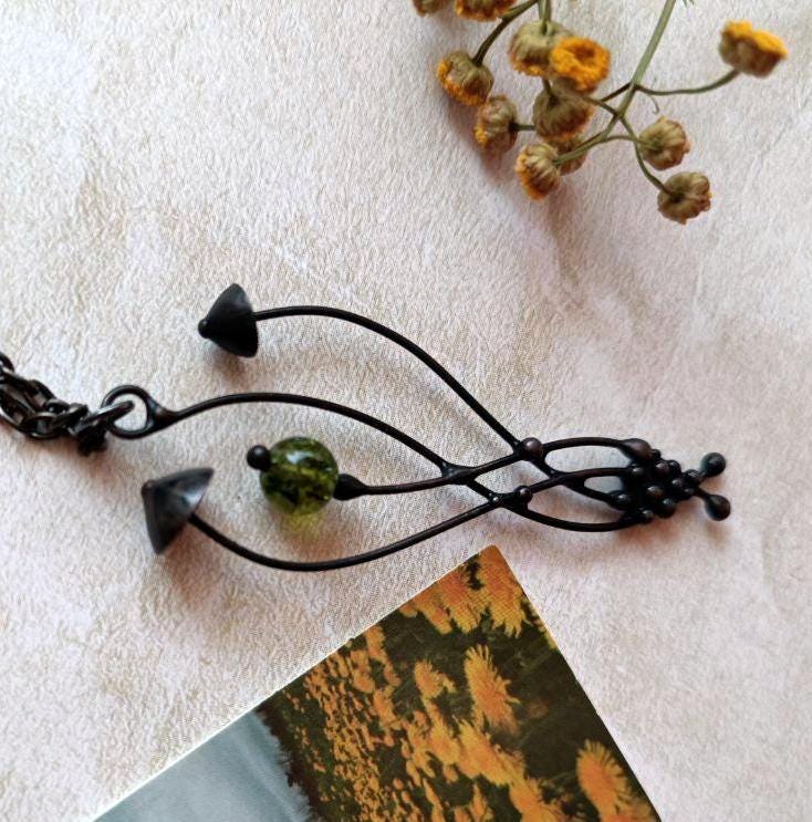 Green Glass Mushroom Pendant Necklace – Blackened Copper & Pewter Forest