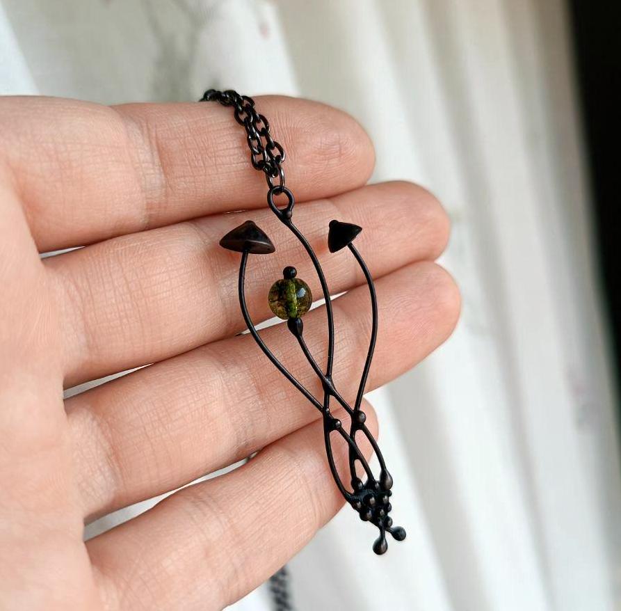 Green Glass Mushroom Pendant Necklace – Blackened Copper & Pewter Forest
