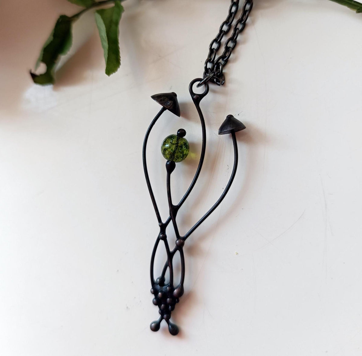 Green Glass Mushroom Pendant Necklace – Blackened Copper & Pewter Forest