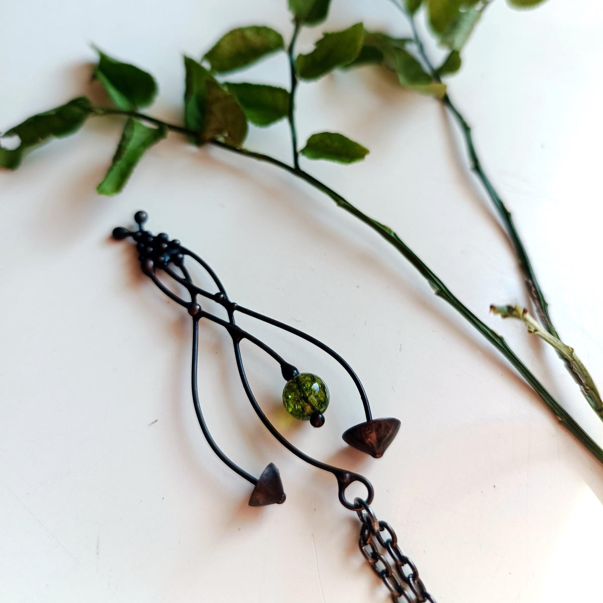 Green Glass Mushroom Pendant Necklace – Blackened Copper & Pewter Forest