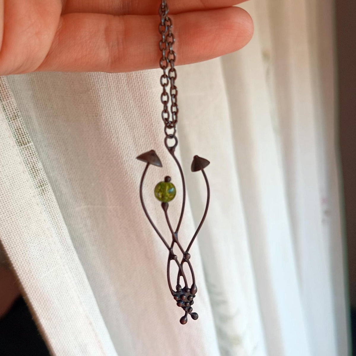 Green Glass Mushroom Pendant Necklace – Blackened Copper & Pewter Forest