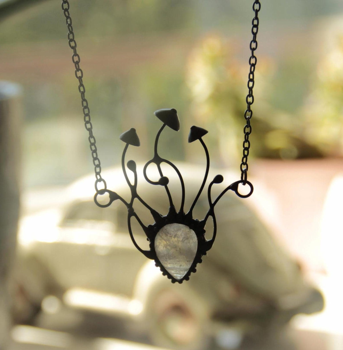 Moonstone Mushroom Cluster Necklace – Blackened Copper