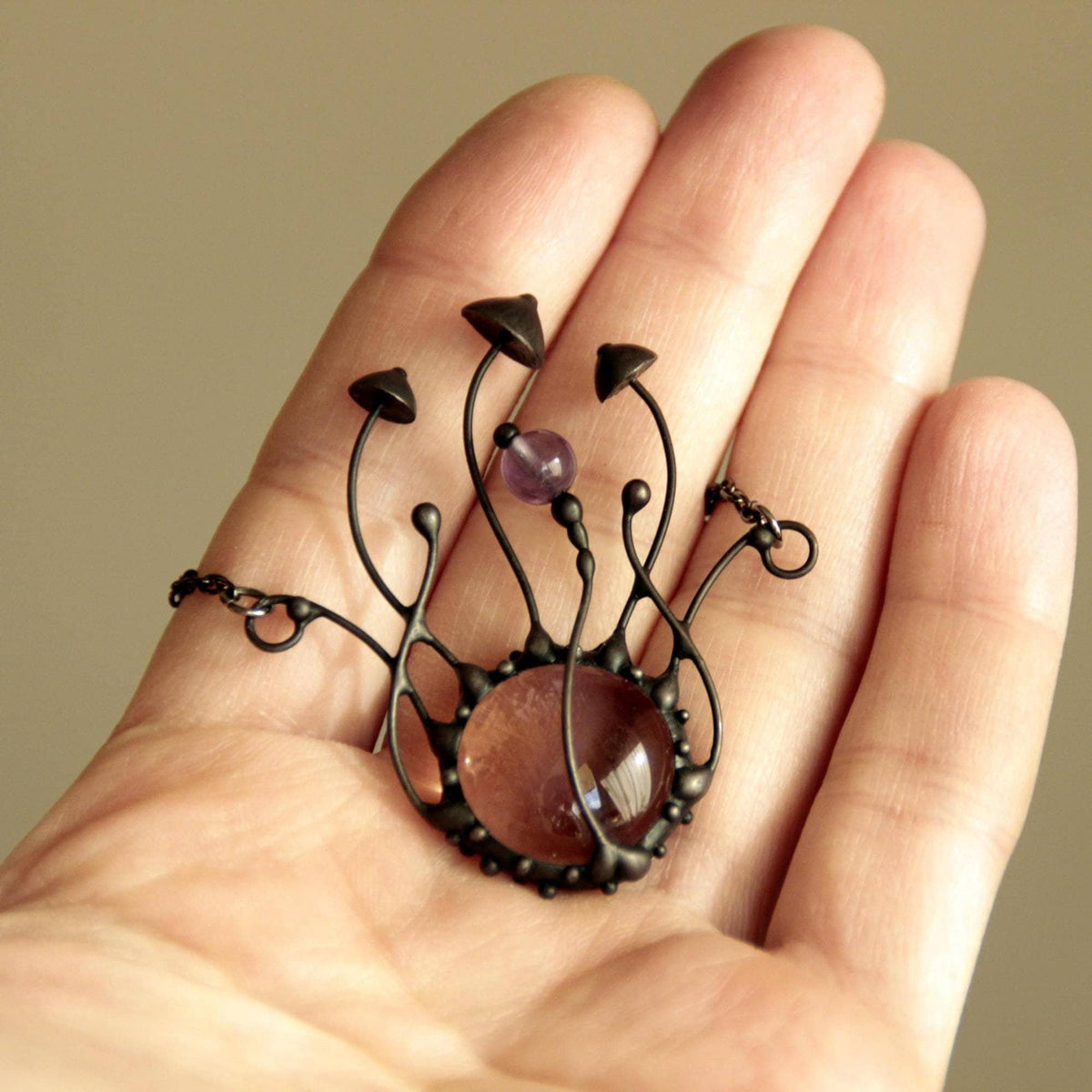 Pink Glass and Amethyst Mushroom Necklace – Blackened Copper