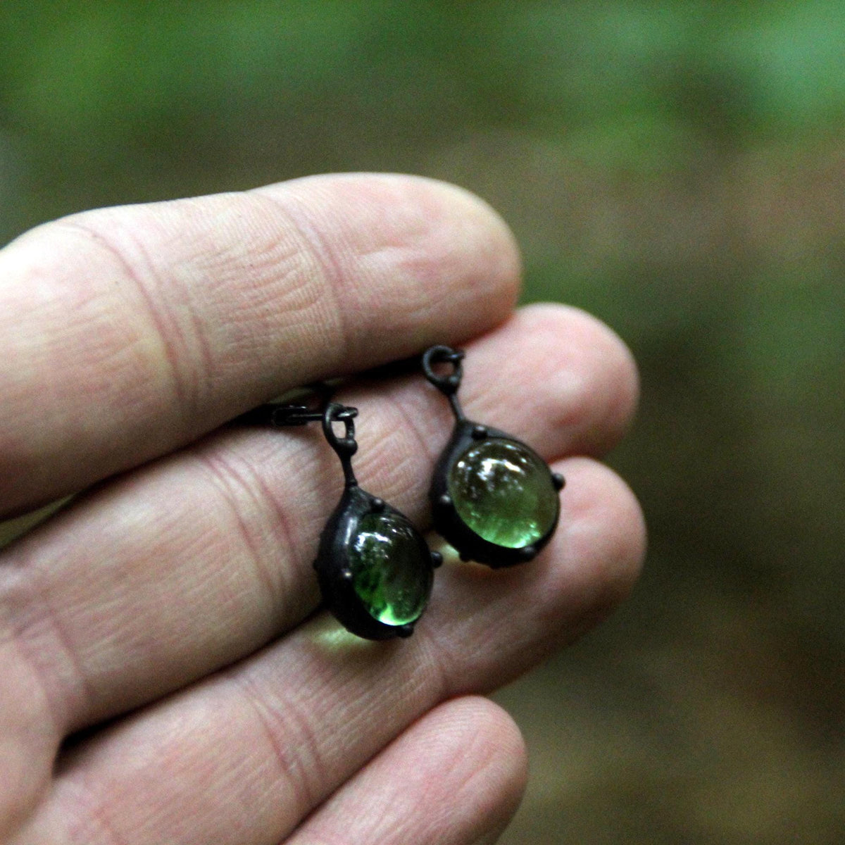 Green Stained Glass Suncatcher Earrings – Blackened Copper