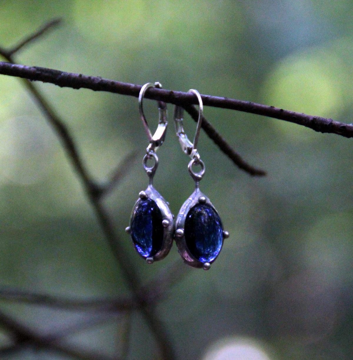 Blue Stained Glass Drop Earrings – Silver Tone