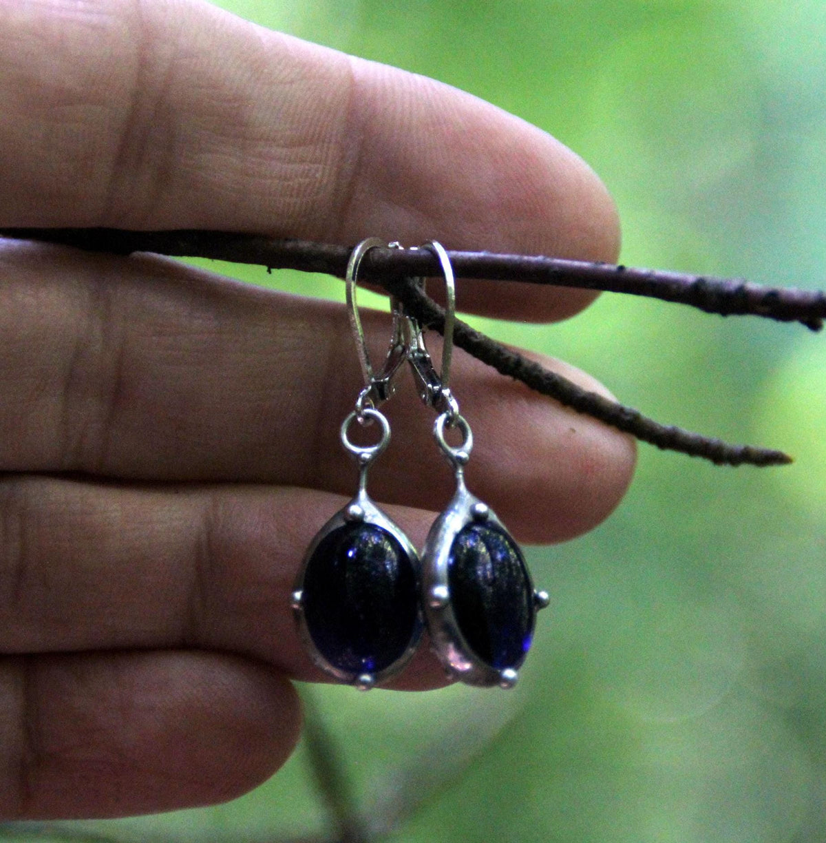 Blue Stained Glass Drop Earrings – Silver Tone