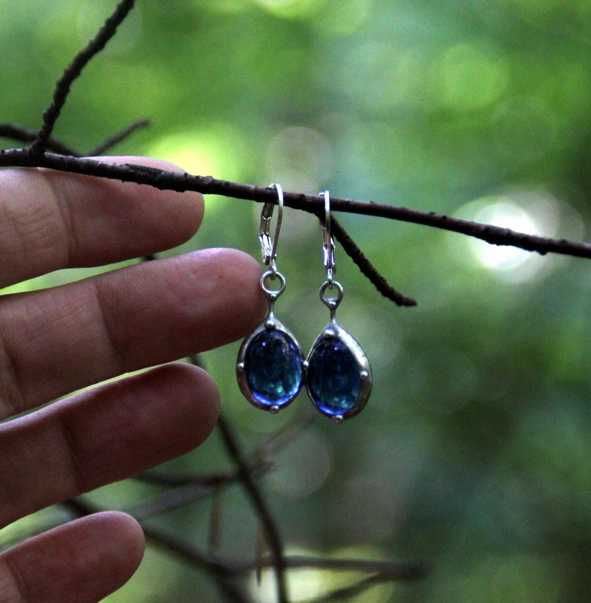 Blue Stained Glass Drop Earrings – Silver Tone