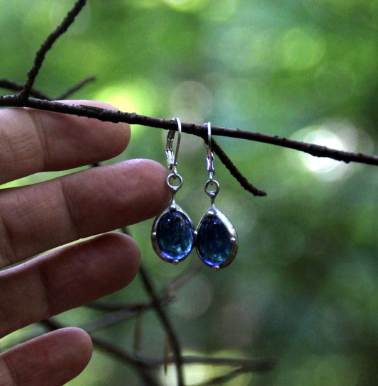 Blue Stained Glass Drop Earrings – Silver Tone