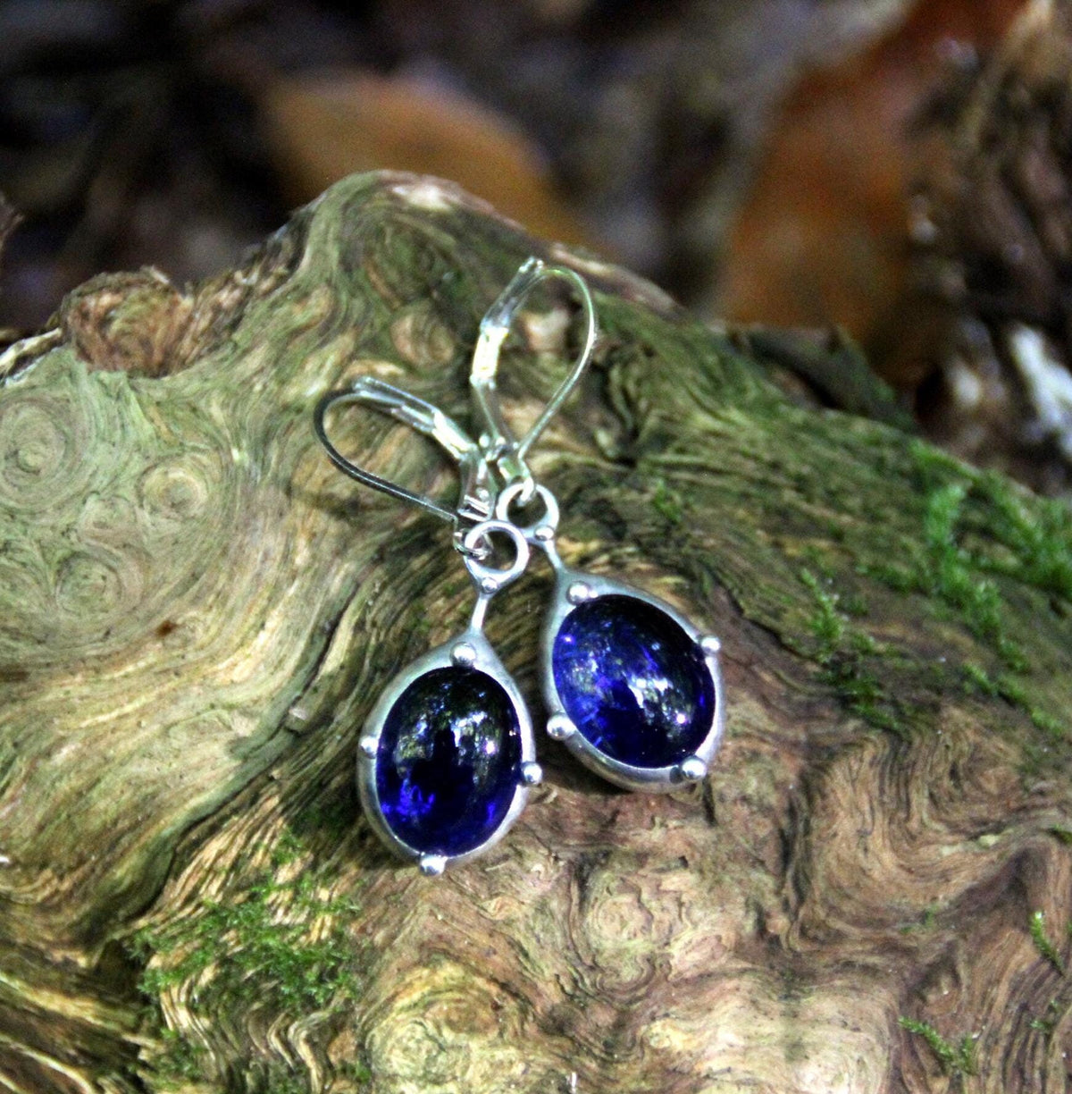 Blue Stained Glass Drop Earrings – Silver Tone