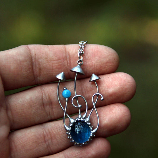 Blue Glass Mushroom Necklace – Silver Tone Copper & Pewter Forest Pendant – Cottagecore