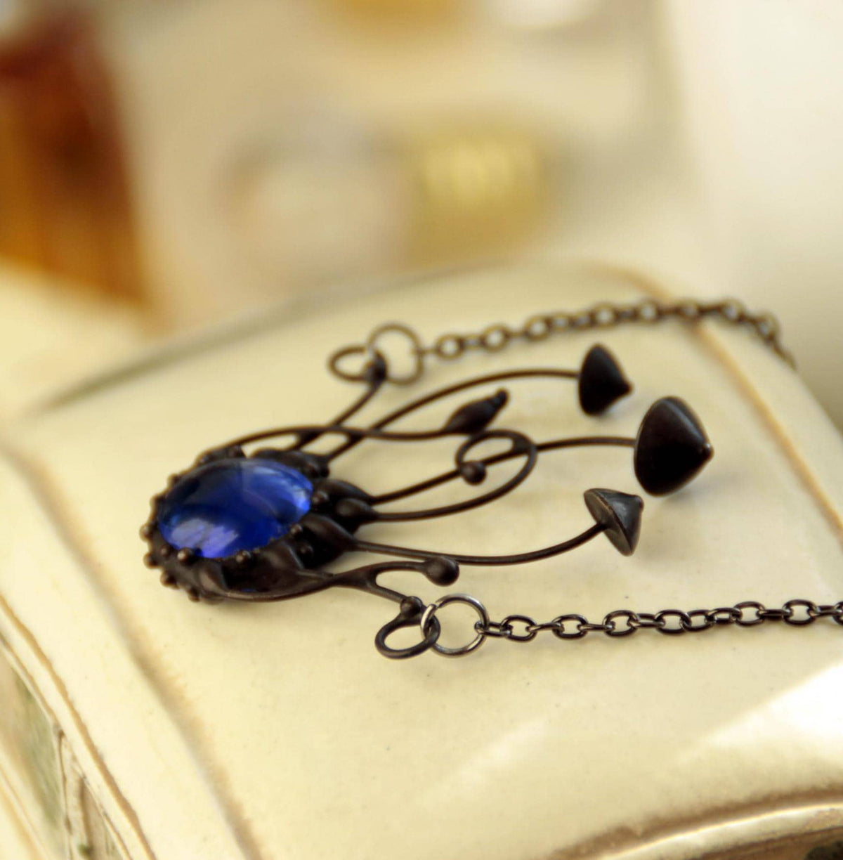 Blue Glass Mushroom Cluster Pendant – Blackened Copper
