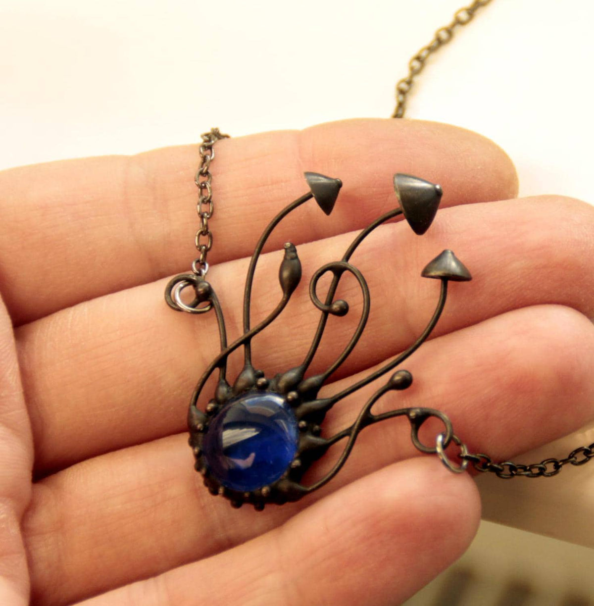 Blue Glass Mushroom Cluster Pendant – Blackened Copper