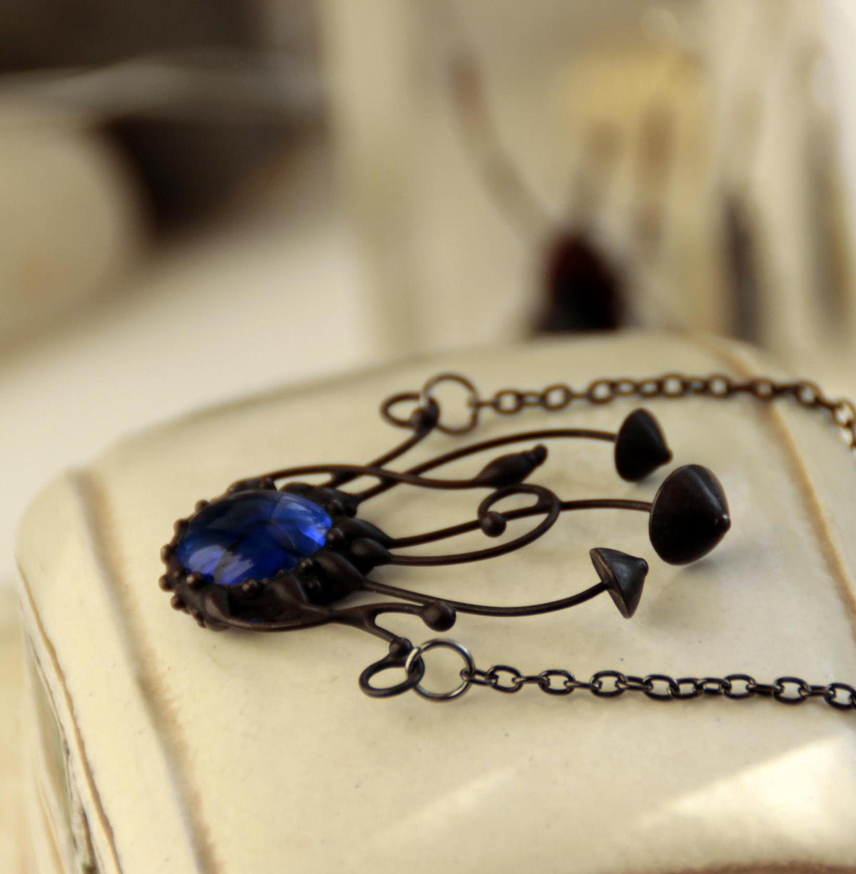 Blue Glass Mushroom Cluster Pendant – Blackened Copper
