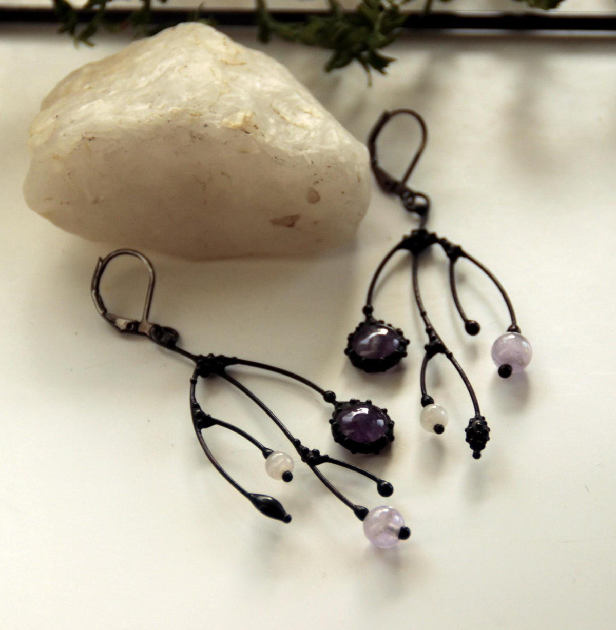 Amethyst Asymmetrical Branch Earrings – Blackened Copper