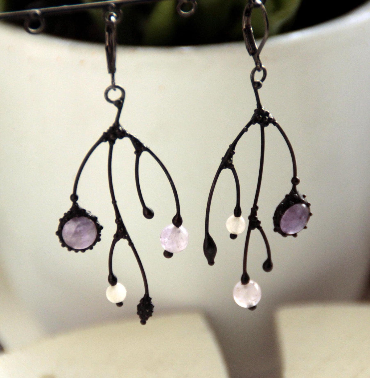 Amethyst Asymmetrical Branch Earrings – Blackened Copper