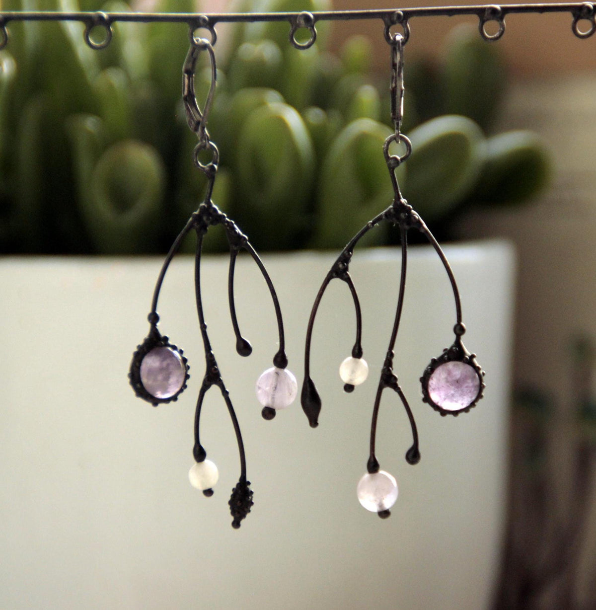 Amethyst Asymmetrical Branch Earrings – Blackened Copper