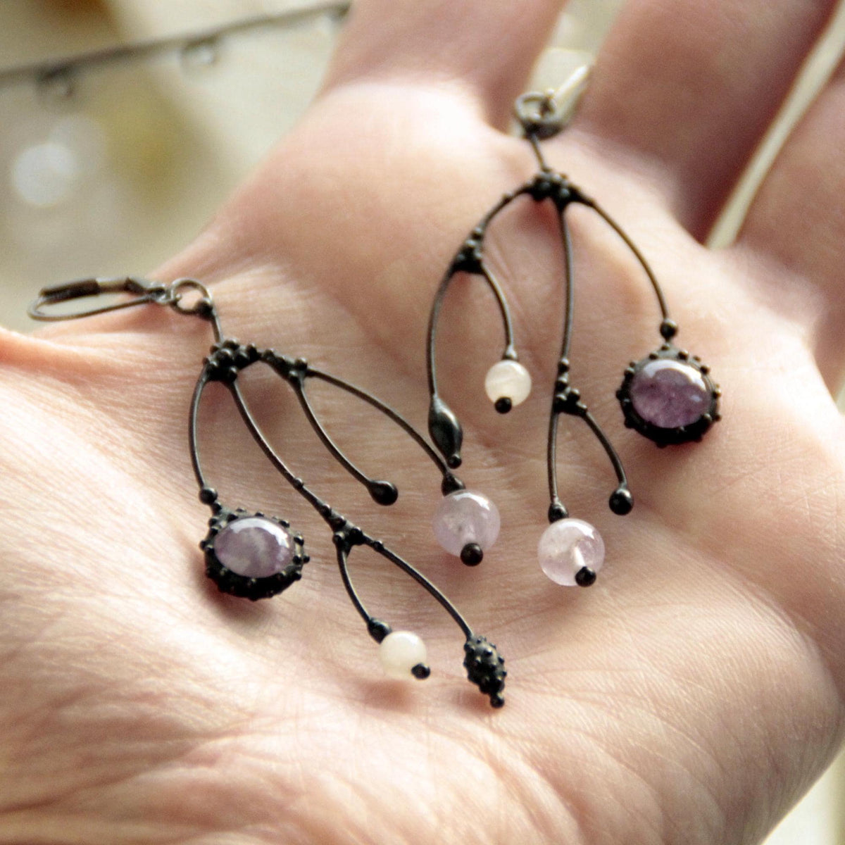 Amethyst Asymmetrical Branch Earrings – Blackened Copper