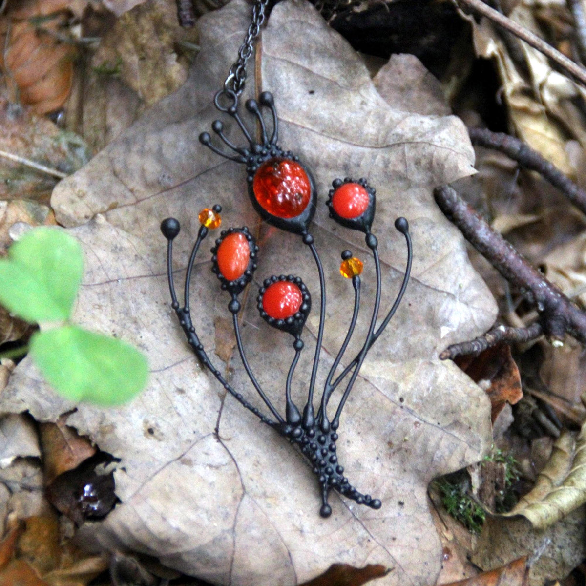 Red Stained Glass Poppy Necklace – Blackened Copper