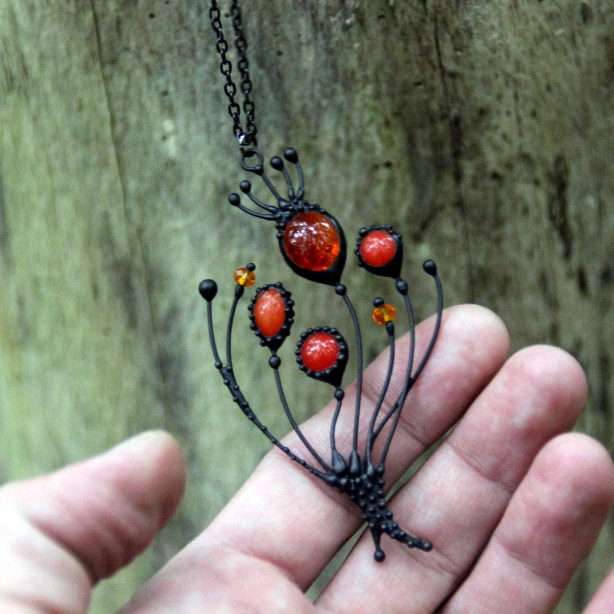 Red Stained Glass Poppy Necklace – Blackened Copper
