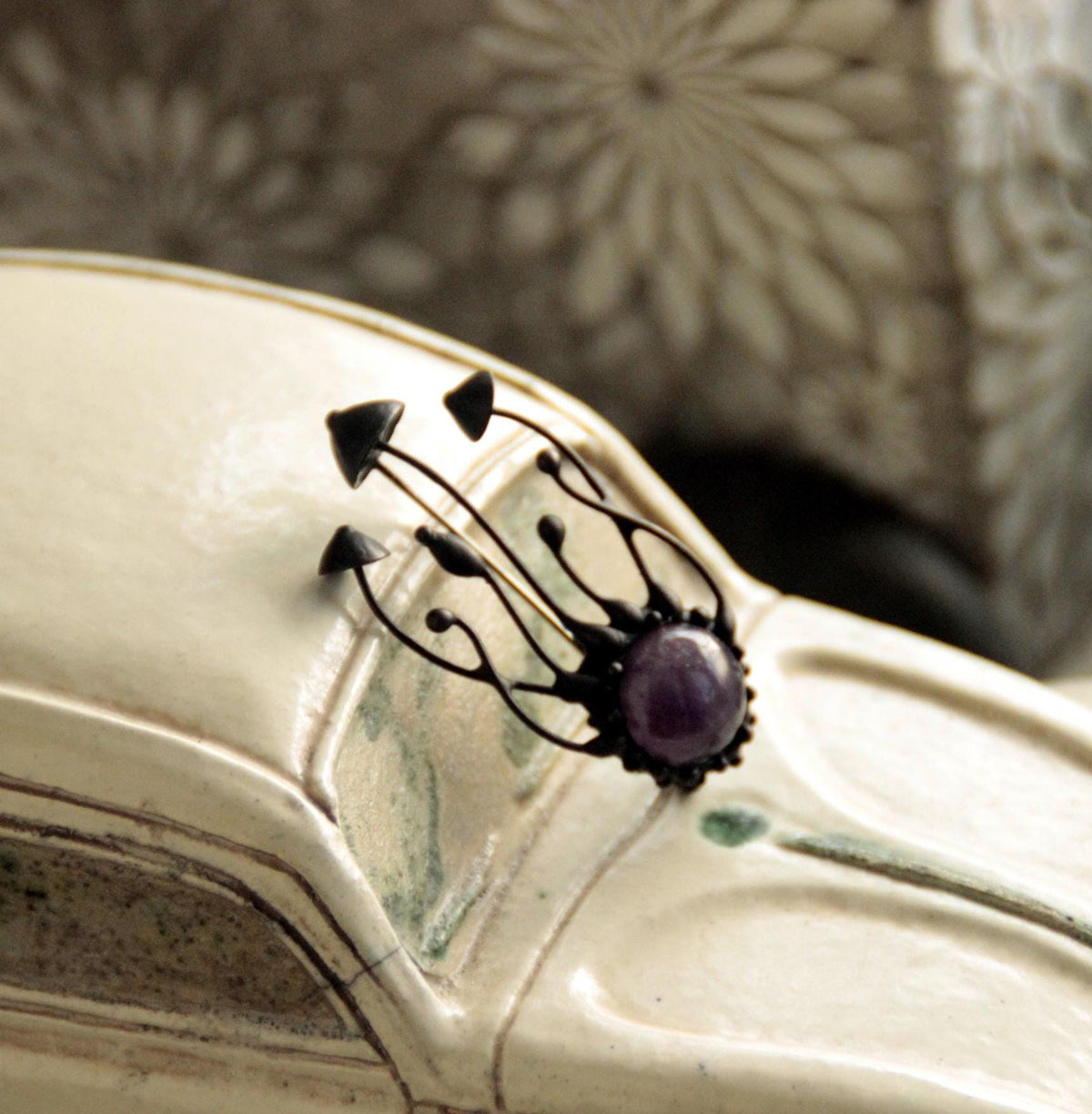 Amethyst Mushroom Cluster Brooch – Blackened Copper