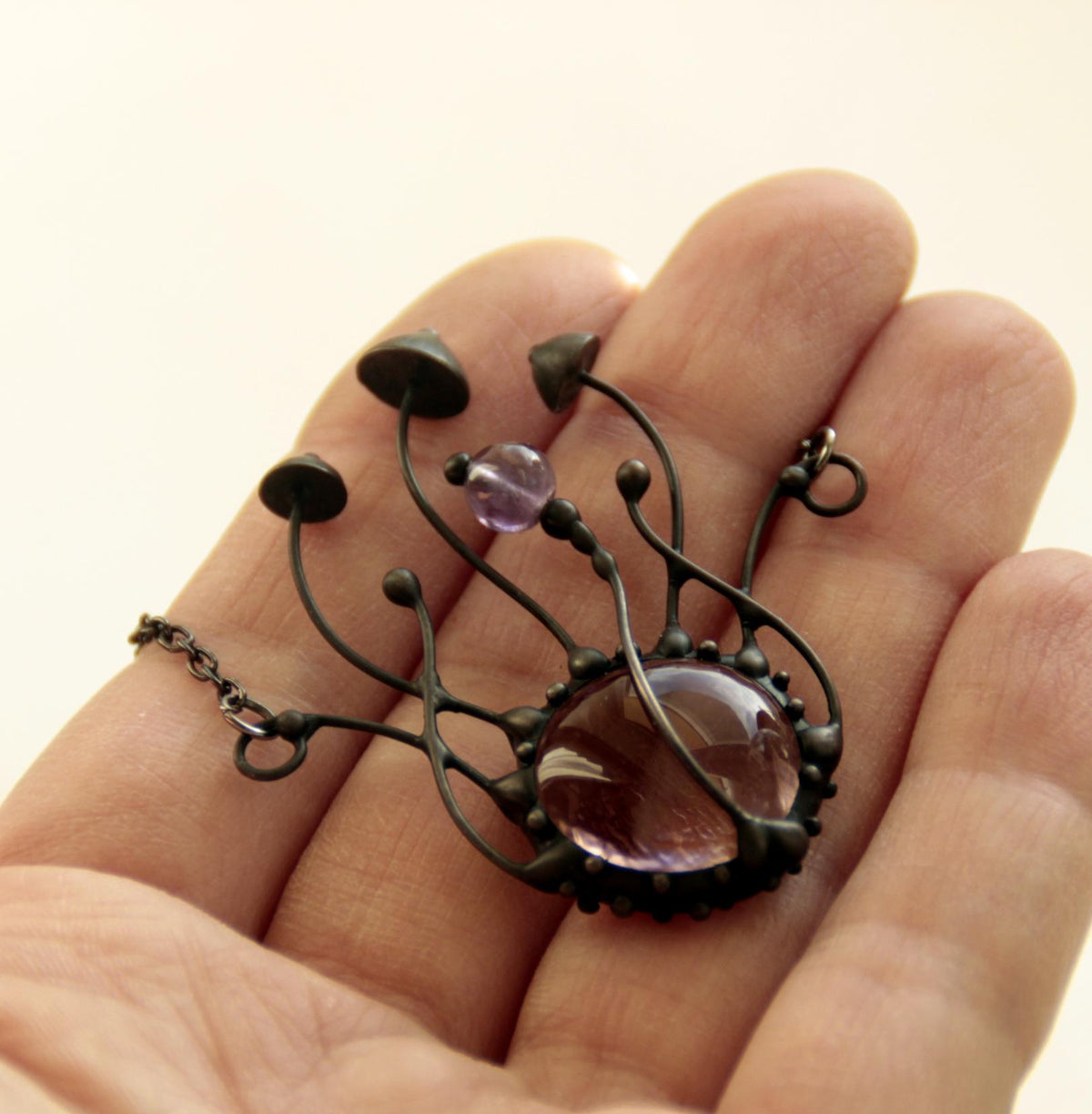 Pink Glass and Amethyst Mushroom Necklace – Blackened Copper